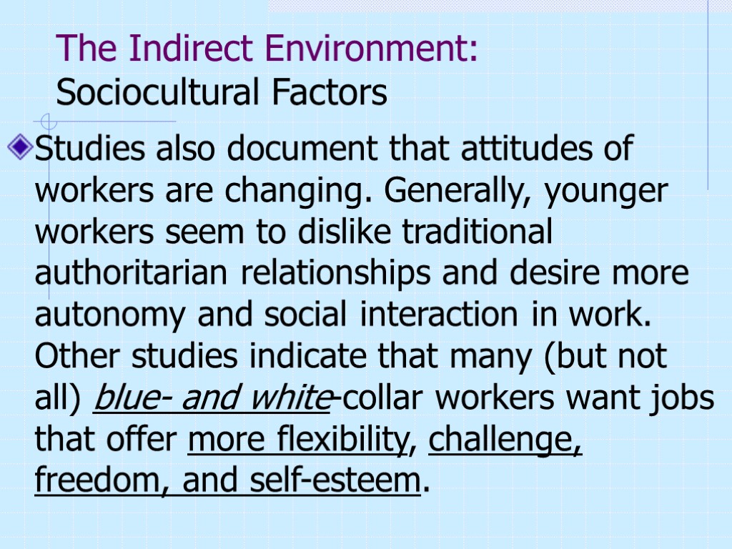 The Indirect Environment: Sociocultural Factors Studies also document that attitudes of workers are changing.